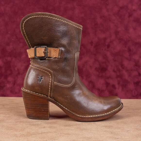 Frye Women Carmel dark brown Leather Strap Western Cowboy Ankle Boots sz 6.5 - Picture 4 of 8
